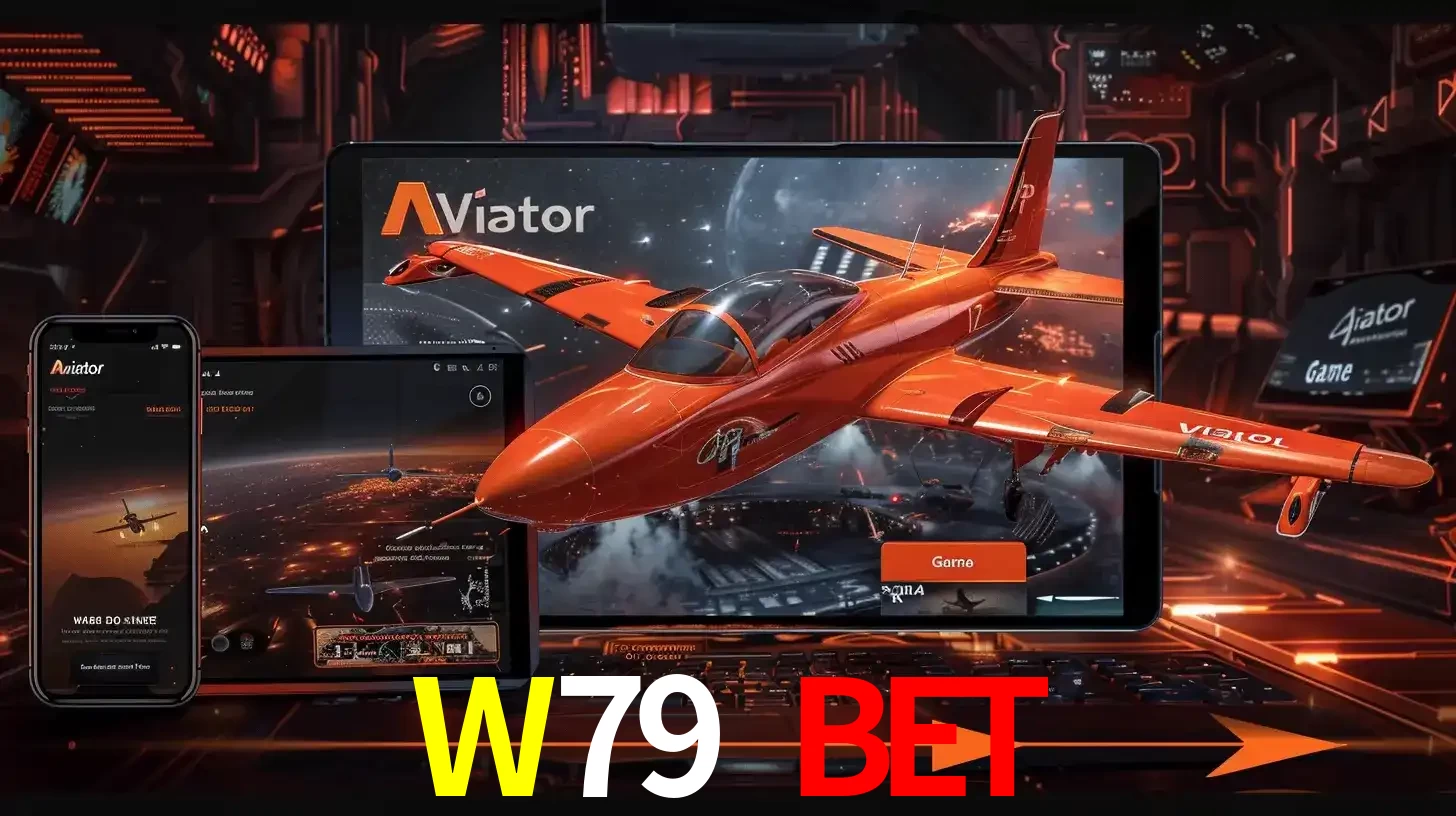 Apresentação tecnológica do jogo Aviator com um avião saindo da tela de um tablet, demonstrando a experiência imersiva em múltiplos dispositivos no W79 BET.