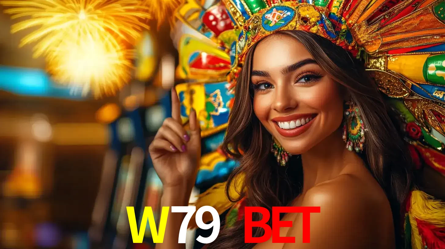 Mulher sorridente com um cocar de carnaval vibrante e colorido, celebrando uma grande vitória nos jogos do cassino W79 BET com fogos de artifício ao fundo.