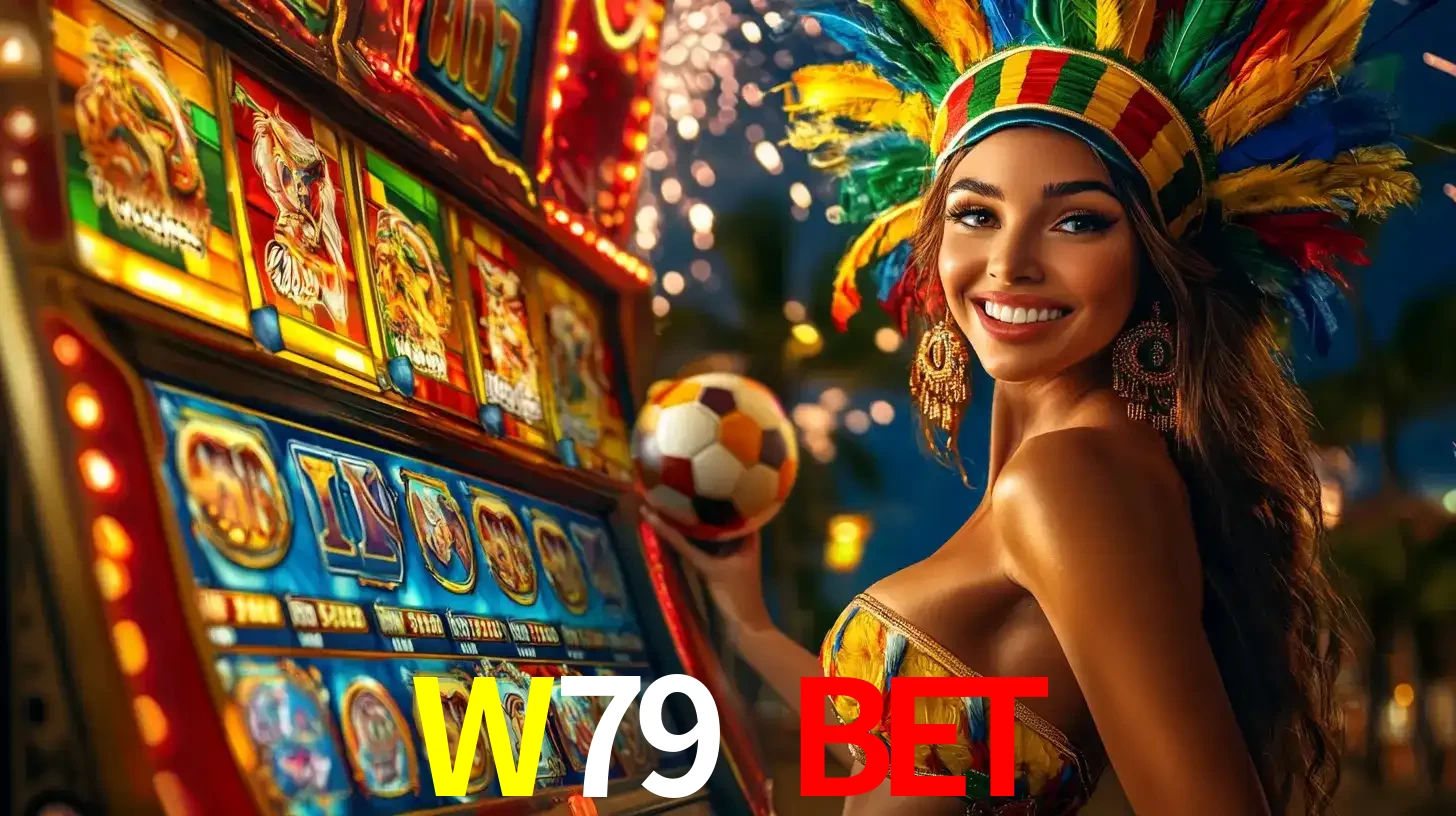 Mulher com um cocar de carnaval ao lado de uma máquina de caça-níqueis enquanto segura uma bola de futebol, mostrando a união da diversão de cassino e esportes no W79 BET.