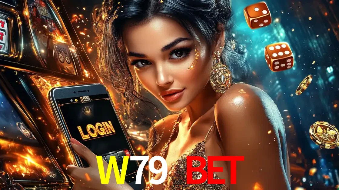 Mulher glamourosa segurando um celular com a tela de login do cassino W79 BET, rodeada por dados e moedas douradas, pronta para começar a diversão.