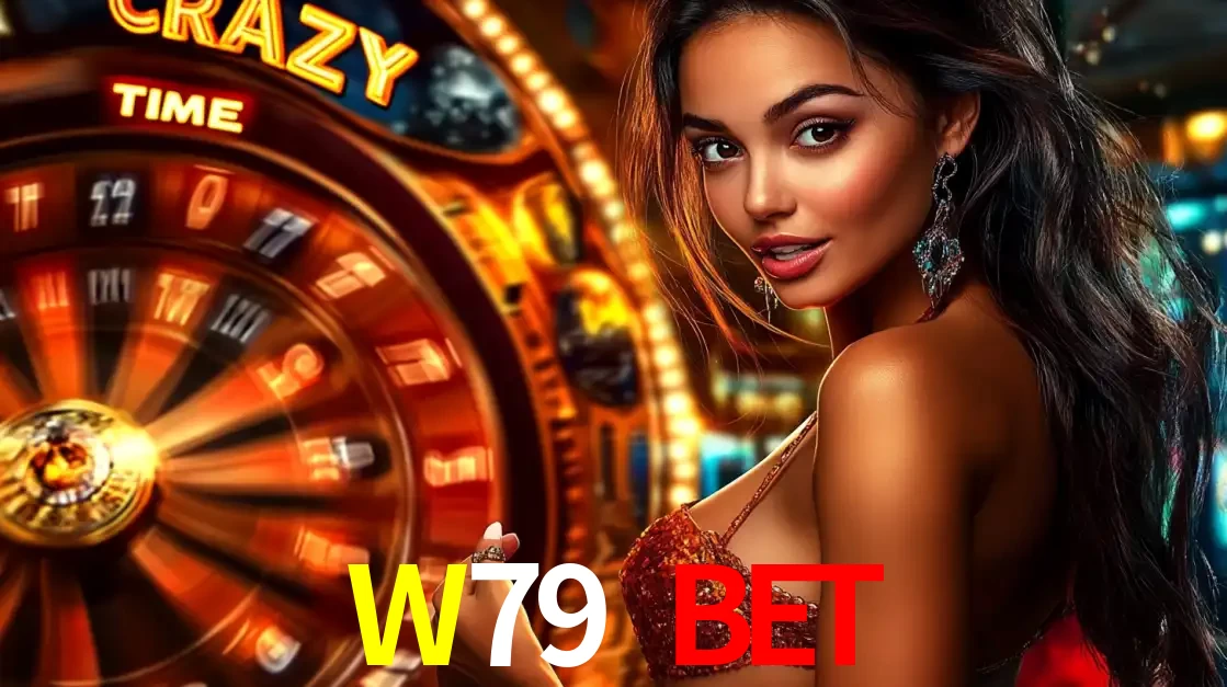Mulher ao lado da roda de prêmios do jogo de cassino ao vivo Crazy Time, um dos shows de jogos mais emocionantes oferecidos pela plataforma de apostas W79 BET.
