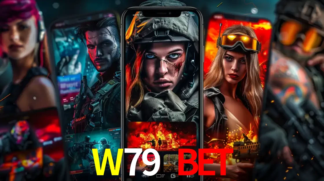 Montagem de telas de celular mostrando diversos personagens, masculinos e femininos, de um jogo de tiro, ilustrando a diversidade de equipes de e-sports para apostar no W79 BET.