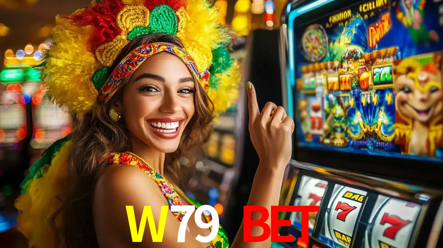 Mulher animada com um cocar de carnaval apontando para uma máquina de caça-níqueis, mostrando a emoção de ganhar um grande prêmio nos jogos do W79 BET.