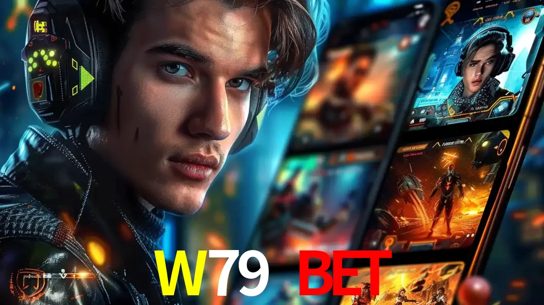 Jovem jogador com fones de ouvido olhando para a câmera, com um aplicativo de jogos e e-sports para celular ao fundo, pronto para a competição e apostas no W79 BET.