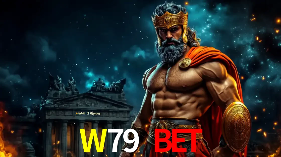 O poderoso Zeus do jogo de slot Gates of Olympus em frente ao seu templo, pronto para lançar multiplicadores divinos e prêmios épicos no cassino online W79 BET.
