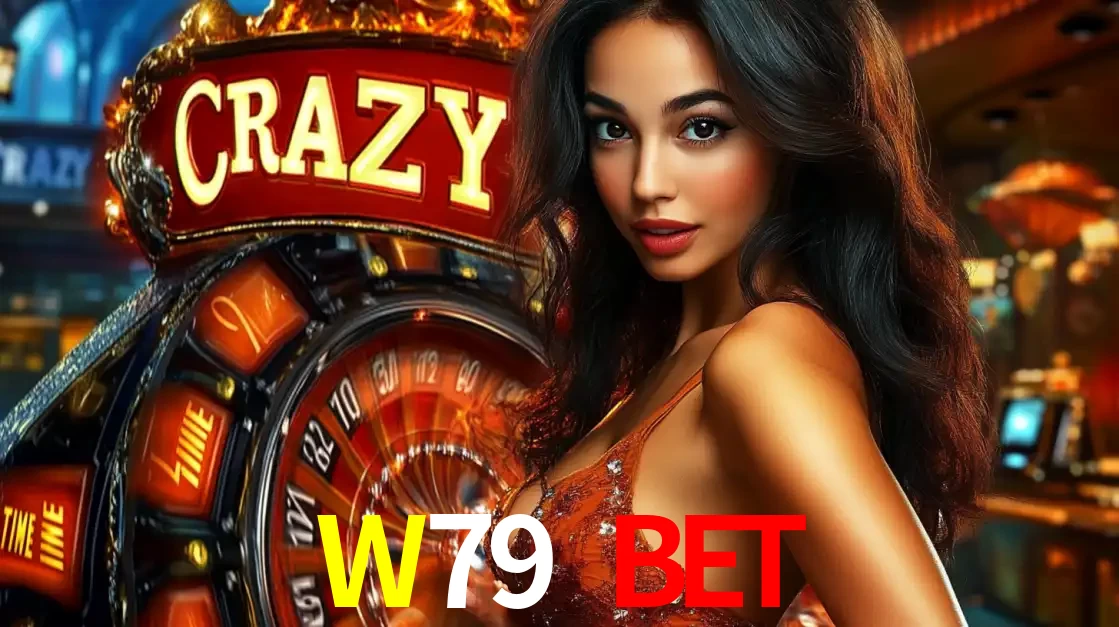 Mulher glamourosa olhando para a câmera com a roda vermelha do Crazy Time ao fundo em um ambiente de cassino, destacando a emoção dos jogos ao vivo no W79 BET.