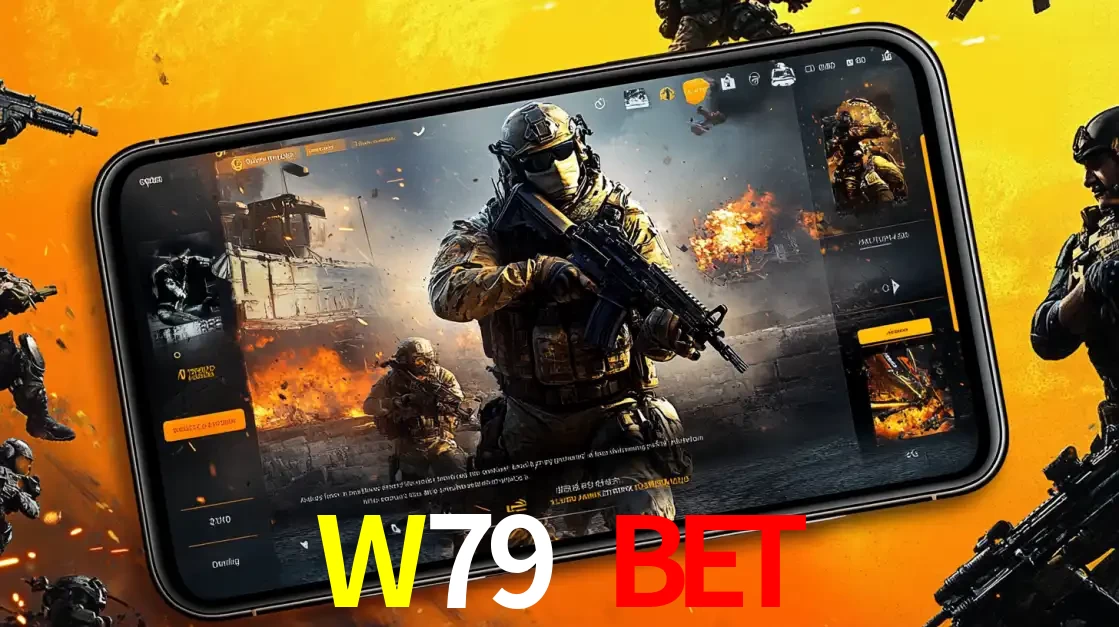 Um smartphone exibindo a interface de um jogo de tiro em primeira pessoa, com um soldado em um cenário de batalha, representando a ação dos e-sports para apostar no W79 BET.