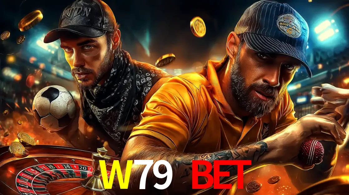 Montagem de apostas esportivas e cassino no W79 BET, com um homem segurando uma bola de futebol e outro uma de beisebol sobre uma roleta e moedas voadoras.