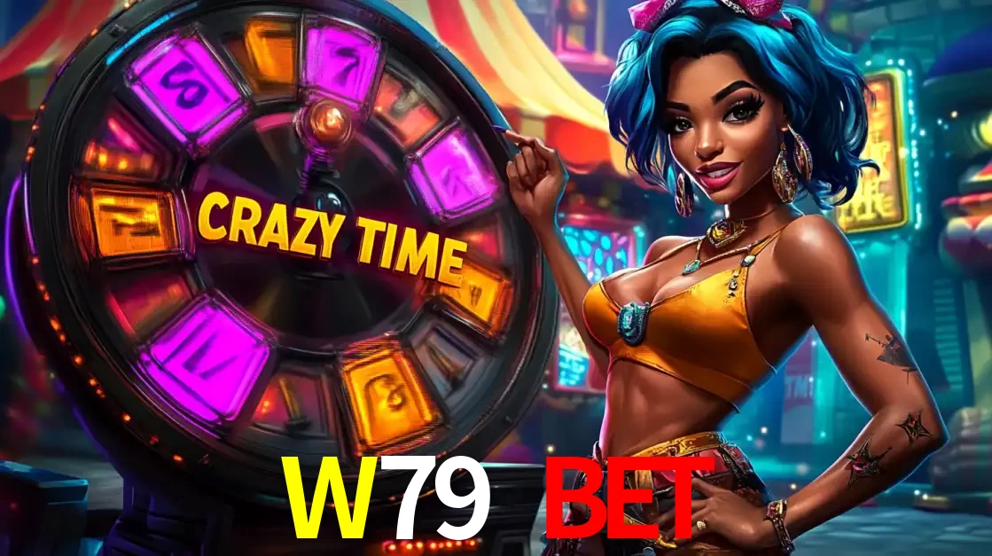 Mulher estilizada com cabelo azul e visual vibrante posando ao lado da roda de prêmios do game show Crazy Time, convidando para a diversão e os bônus do cassino W79 BET.