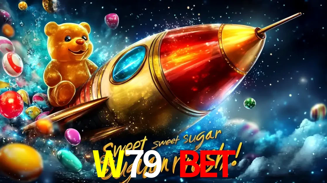 Arte promocional do jogo de slot Sugar Rush, com um urso de pelúcia em um foguete viajando pelo espaço de doces, um dos jogos divertidos disponíveis no cassino W79 BET.