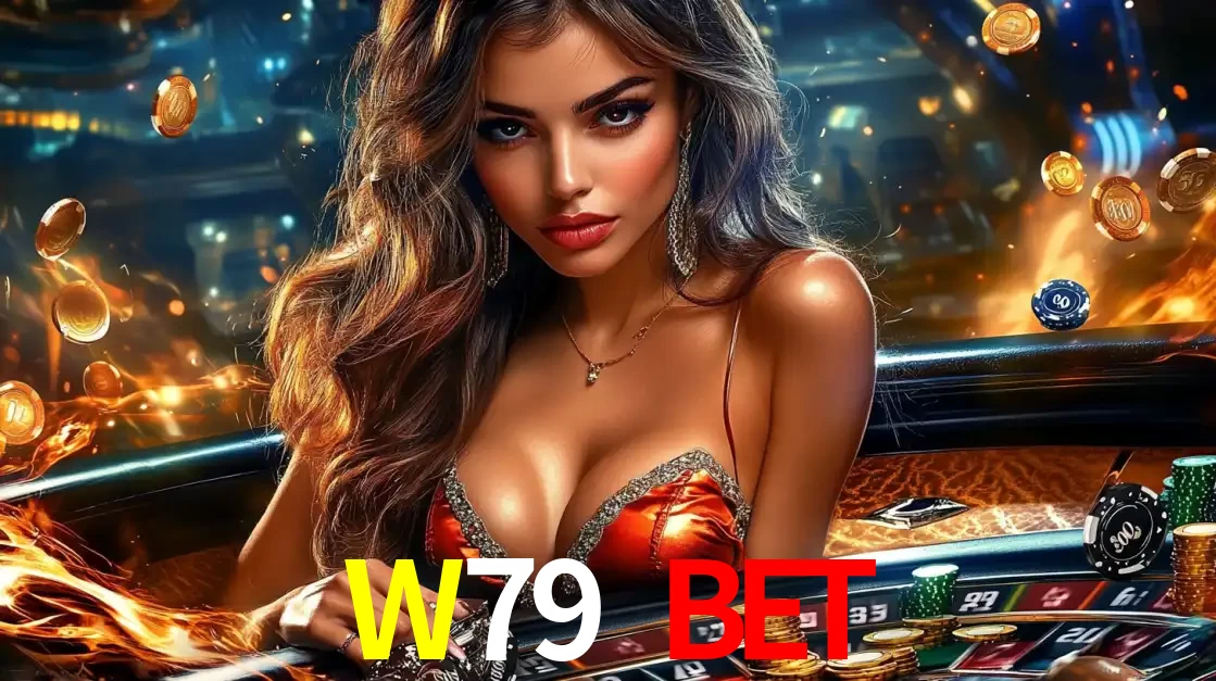 Mulher glamourosa em uma mesa de roleta com um fundo de chamas e moedas voadoras, pronta para fazer sua aposta e ganhar grandes prêmios no cassino ao vivo W79 BET.