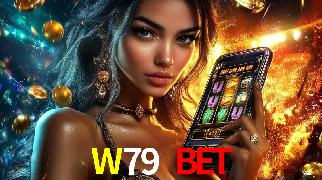 Mulher elegante mostrando um jogo de caça-níqueis em seu smartphone, destacando a experiência de cassino móvel oferecida pelo aplicativo W79 BET.