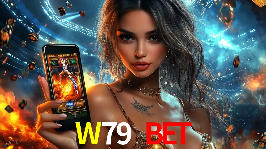 Mulher segurando um celular com um jogo de slot em destaque, tendo como fundo um estádio vibrante, simbolizando a emoção de jogar no cassino móvel W79 BET.