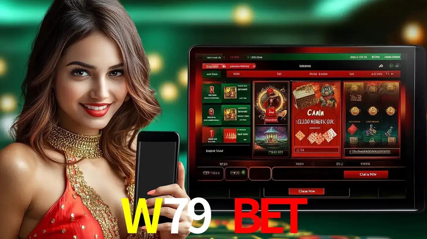 Mulher sorridente segurando um smartphone, ao lado de uma tela exibindo o lobby de jogos do cassino online W79 BET, com várias opções de jogos de cartas e slots.